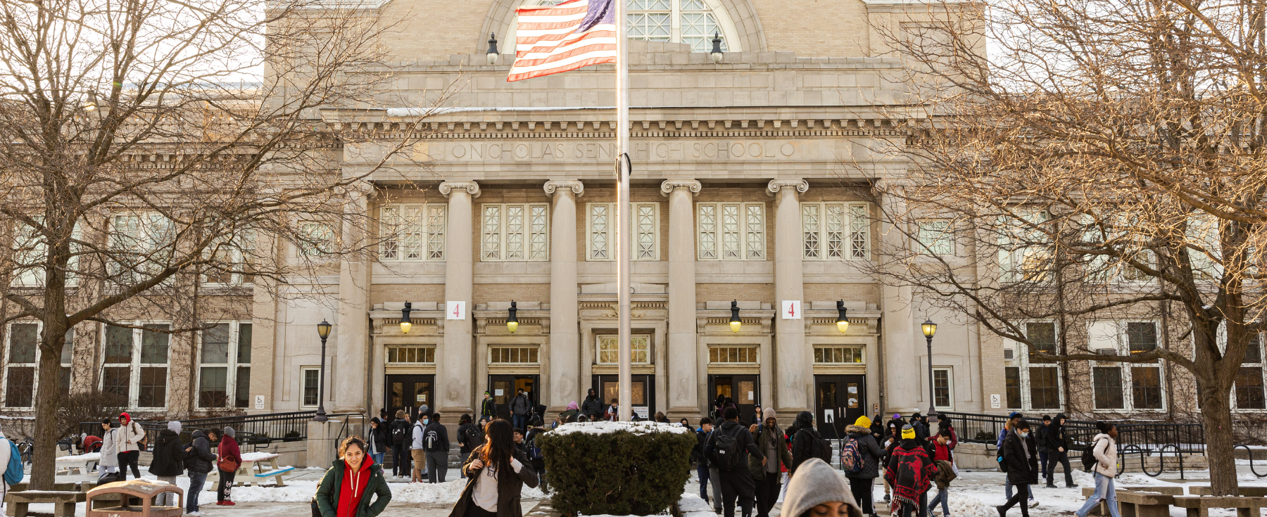 The front entrance of Senn High School.